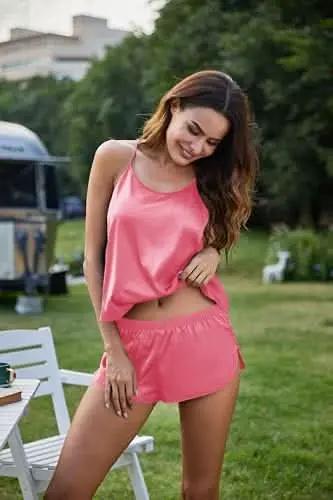 Silk Pajamas Set for Women Satin Backless Lingerie Pjs Cami Top and Shorts Nightwear - Love Salve